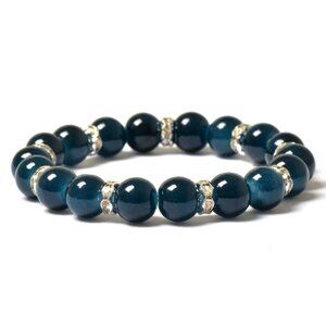 NWT 10mm Midnight Blue Glass Beads with 8mm Crystal Rings Stretch Bracelet